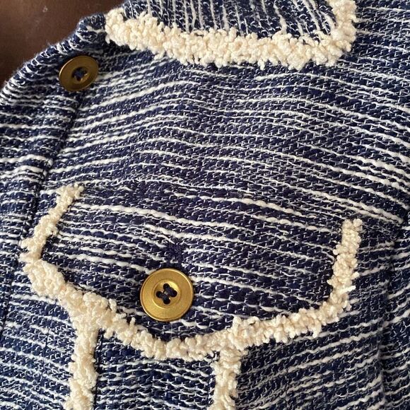 Catherine Malindrino tweed blazer jacket women’s size medium navy blue cream but - Picture 3 of 13